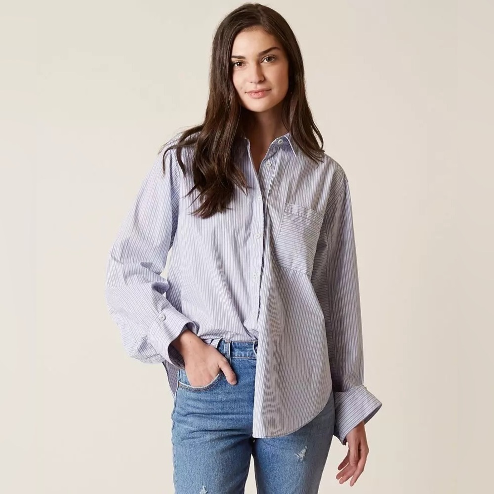 Free People Tie It In A Bow Blue and White Striped Button Up Blouse Size Small